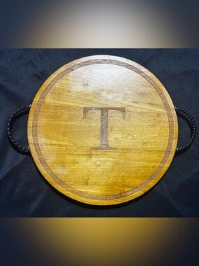 Wood Wood Honey Brown Round Serving Board with Black Braided Handles